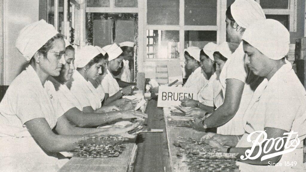 'Operation Brufen' Boots (India) employees packaging locally manufactured Brufen, 1974